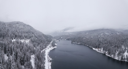 Aerial panoramic view of Winter Canadian Landscape. Taken near Nelson, British Columbia, Canada.