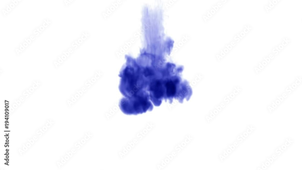 Poster blue ink inject in water on white background. 3d animation with luma matte as alpha channel in slow 