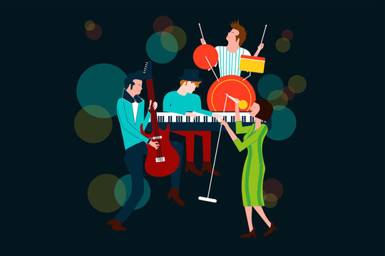 Series of music concert composition with men and women singing and playing electric guitar, piano and drum - Colorful vector illustration isolated on blue background