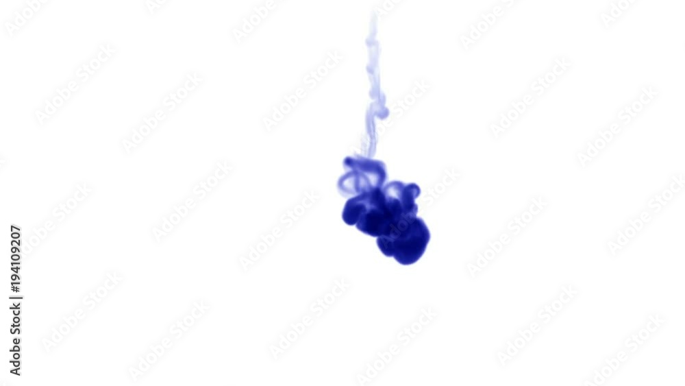 Aufkleber blue ink inject in water on white background. 3d animation with luma matte as alpha channel in slow 