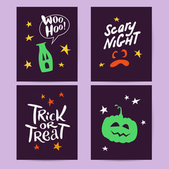 Vector collection of Halloween flat celebration cards, flayers with funny animals, traditional halloween elements and spooky party symbols isolated on black, colored background. Banner, poster design