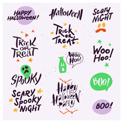 Vector collection of Halloween flat celebration quotes, lettering, phrases and traditional halloween elements spooky party symbols isolated on white textured background. Banner, poster design