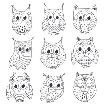 set of isolated funny owls black and white - vector illustration, eps