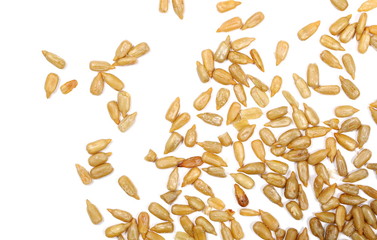 Salted sunflower seeds isolated on white background, top view