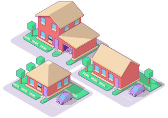 Isometric set with cottage in outline style isolated