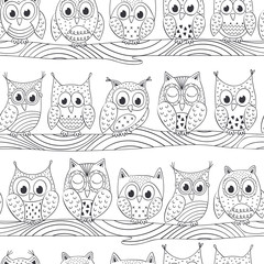 seamless pattern with funny owls on branch black and white - vector illustration, eps