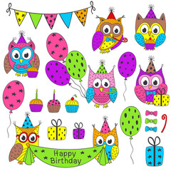 set of isolated birthday party elements with funny owls - vector illustration, eps
