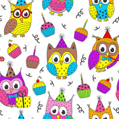 Happy Birthday seamless pattern with funny owls - vector illustration, eps
