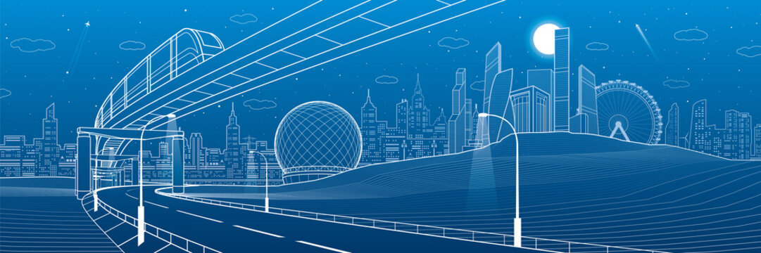 Monorail railway. Illuminated highway. Transportation urban panorama. Skyline modern city at background. Business buildings. Night town. White lines on blue background. Vector design art