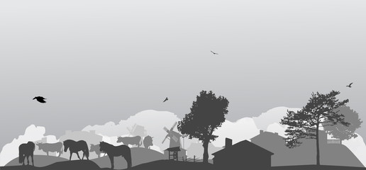 grey landscape with farm animal near village