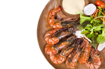 BBQ Prawn in the wooden plate with white background