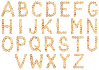 Alphabet letters made from Wood slice on white Background