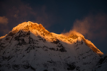Morning view of Mount Annapurna south from Annapurna base camp, round Annapurna circuit trekking trail, Nepal.