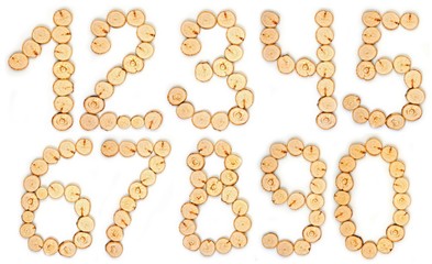 Number made of wood slice on a white background
