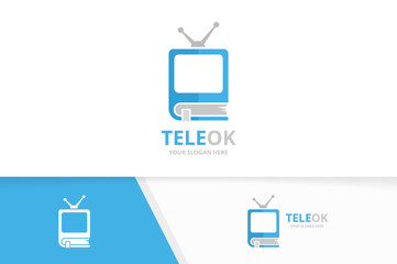 Vector book and tv logo combination. Television and market symbol or icon. Unique bookstore, library and media logotype design template.