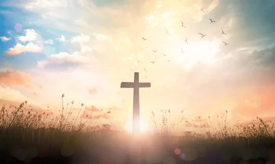Peel and stick wallpaper Dawn Easter Religious concept: The cross on meadow autumn sunrise background