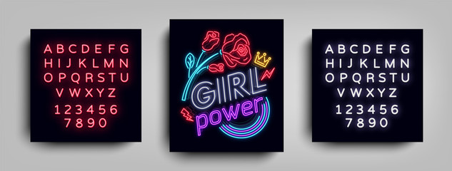 Fototapeta na wymiar Rock print and slogan vector. Girl Power For T-shirt or other purposes. Symbol of feminism for printing in a neon style. Neon sign Retro style. Womens fashion slogan. Editing text neon sign