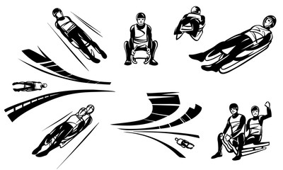 Set of illustrations of competitions in Luge (sledging). Hand drawn illustration