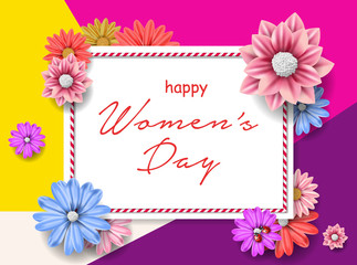 8 march women's day greeting card. Happy Women's Day.  Card for 8 March women's day. Abstract background with paper flower. Vector illustration.