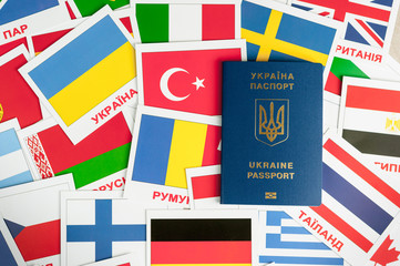 Blue Ukrainian and several cards with prapors of the world. Says on a white background. Isolate. and several cards with prapors of the world. Says on a white background. Isolate.