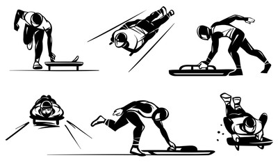 Set of illustrations of competitions in Luge (skeleton). Hand drawn illustration.