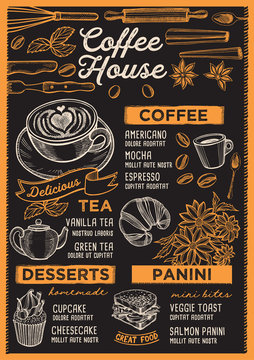 Coffee restaurant menu. Vector drink flyer for bar and cafe. Design template with vintage hand-drawn food illustrations.