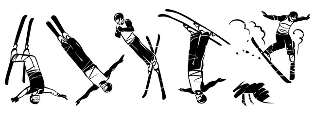 Aerial skiing. Set of illustrations aerial acrobatics. Hand drawn illustration
