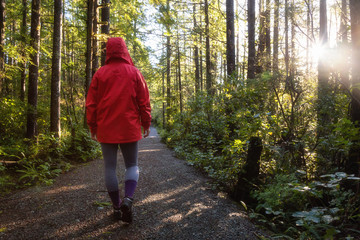 Girl wearing a bright red jacket is walking the the beautiful woods during a vibrant winter...
