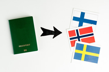 Clean green passport  and several cards with prapors of the world. Says on a white background. Isolate.