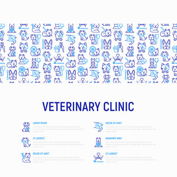 Veterinary clinic concept with thin line icons: broken leg, protective collar, injection, cardiology, cleaning of ears, , shearing claws, bandage on eye, blood transfusion for dog. Vector illustration