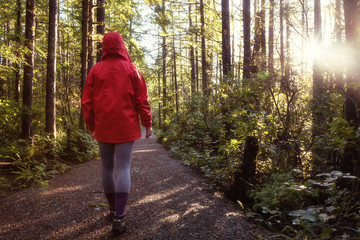 Girl wearing a bright red jacket is walking the the beautiful woods during a vibrant winter...