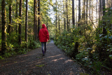 Girl wearing a bright red jacket is walking the the beautiful woods during a vibrant winter morning. Taken in Ucluelet, Vancouver Island, BC, Canada.