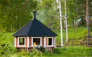 Gazebo with barbecue in park in summer