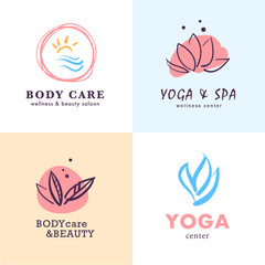 Vector collection of yoga, beauty and  spa symbols in light colors isolated on white background. Perfect for massage saloon, wellness and health care centers, fashion insignia design.