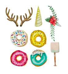 A large set of donuts. Watercolor bitter donut in chocolate glaze with an accent from sweet colored crumbs. Object on a white background, suitable for compositions on the theme of sweets and food.