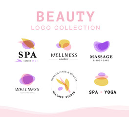 Vector collection of transparent beauty, spa, and yoga symbols in light colors isolated on white background. Perfect for massage saloon, wellness and health care centers, fashion insignia design.