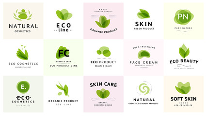 Vector collection of transparent beauty, eco cosmetics and healthy treatment symbols in green colors isolated on white background. Perfect for cosmetic, skin products and health care fashion insignia.