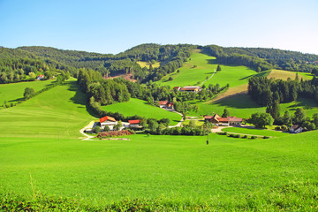 beautiful landscape of a European village, green lawn