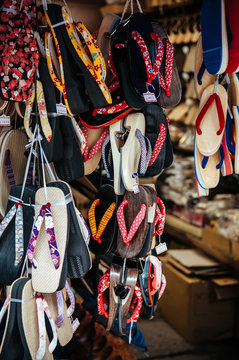 Traditional Japanese sandals Zori at local shoes shop in shinagawa, Tokyo