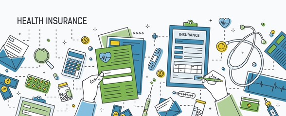 Horizontal banner with hands filling out form of health insurance surrounded by dollar banknotes and coins, pills and other medications, medical tools. Colored vector illustration in line art style.