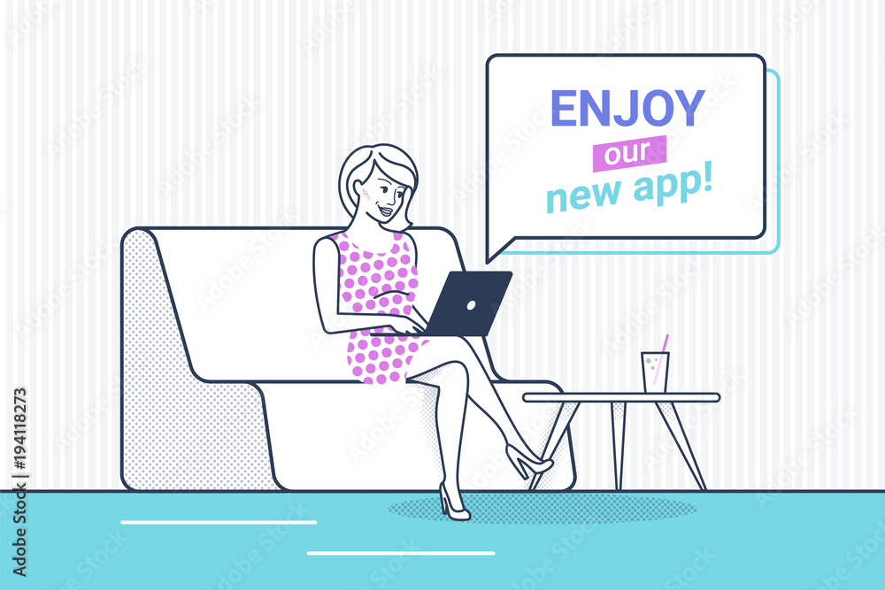 Poster young woman sitting on couch at home working with laptop and using new ecommerce service or app. con