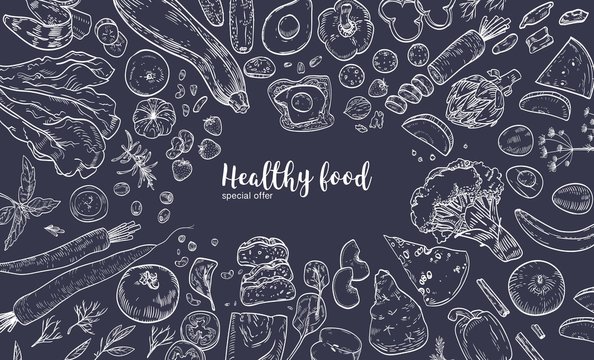 Horizontal banner with frame consisted of various healthy or wholesome food, organic products, fruits and vegetables hand drawn with white contour lines on black background. Vector illustration.