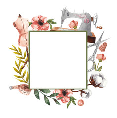 Geometric square frame with sewing items and floral elements. Watercolor illustration on white isolated background. Floral frame for text - obrazy, fototapety, plakaty
