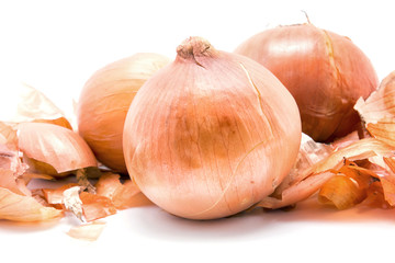 Bulbs and onion husks on a white background