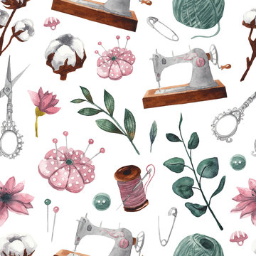 Seamless pattern with sewing items and floral elements. Sewing machine, scissors, thread, reel, pins, needles, buttons. Hand-drawn watercolor background