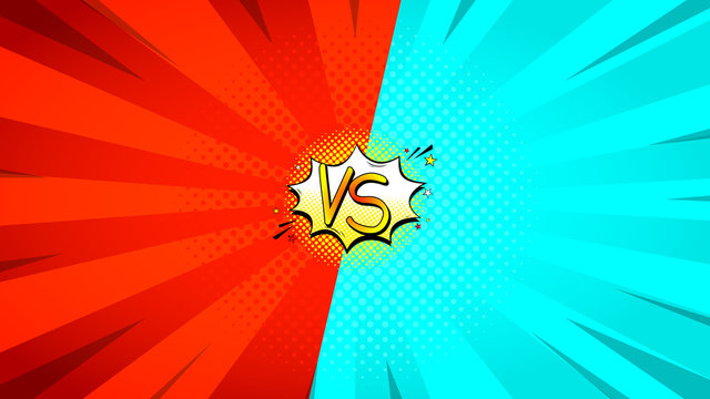Versus letters fight backdrop. Vector illustration with speech bubble. Decorative red and blue background with bomb explosive in pop art style.