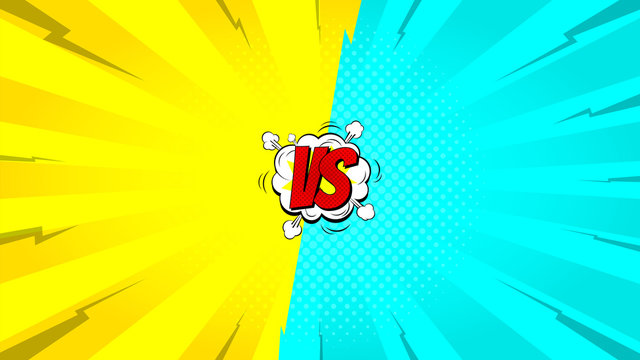 Versus letters fight backdrop. Vector illustration with speech bubble. Decorative yellow and blue background with bomb explosive in pop art style.