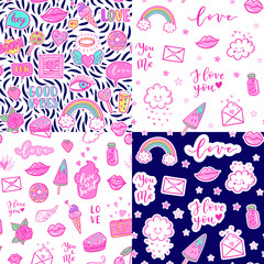 Vector seamless pattern set with fashion fun patches: lips, star, strawberry, cake, camera, on background. Pop art pink lovely stickers, patches for wedding, Valentine's Day