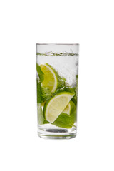 Summer drink with lime and mint, ice on isolated white background. Direct perspective, cool, refreshing