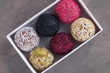 Energy raw bites on dark table